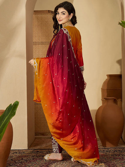 Floral Embroidered Round Neck Sequinned Kurta With Trouser & Dupatta