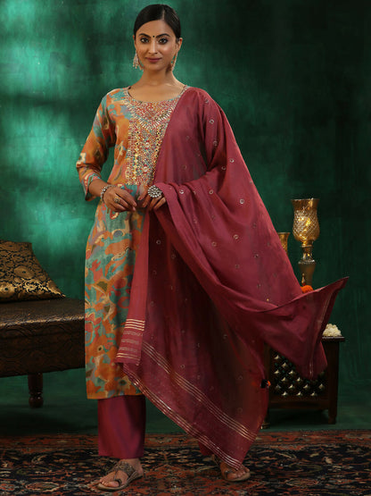 Women's LB Mauve Printed Silk blend Straight Suit With Dupatta