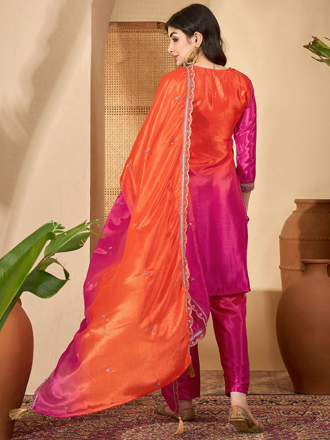 Zari Sequence Embroidered Straight Kurta With Trouser & Dupatta