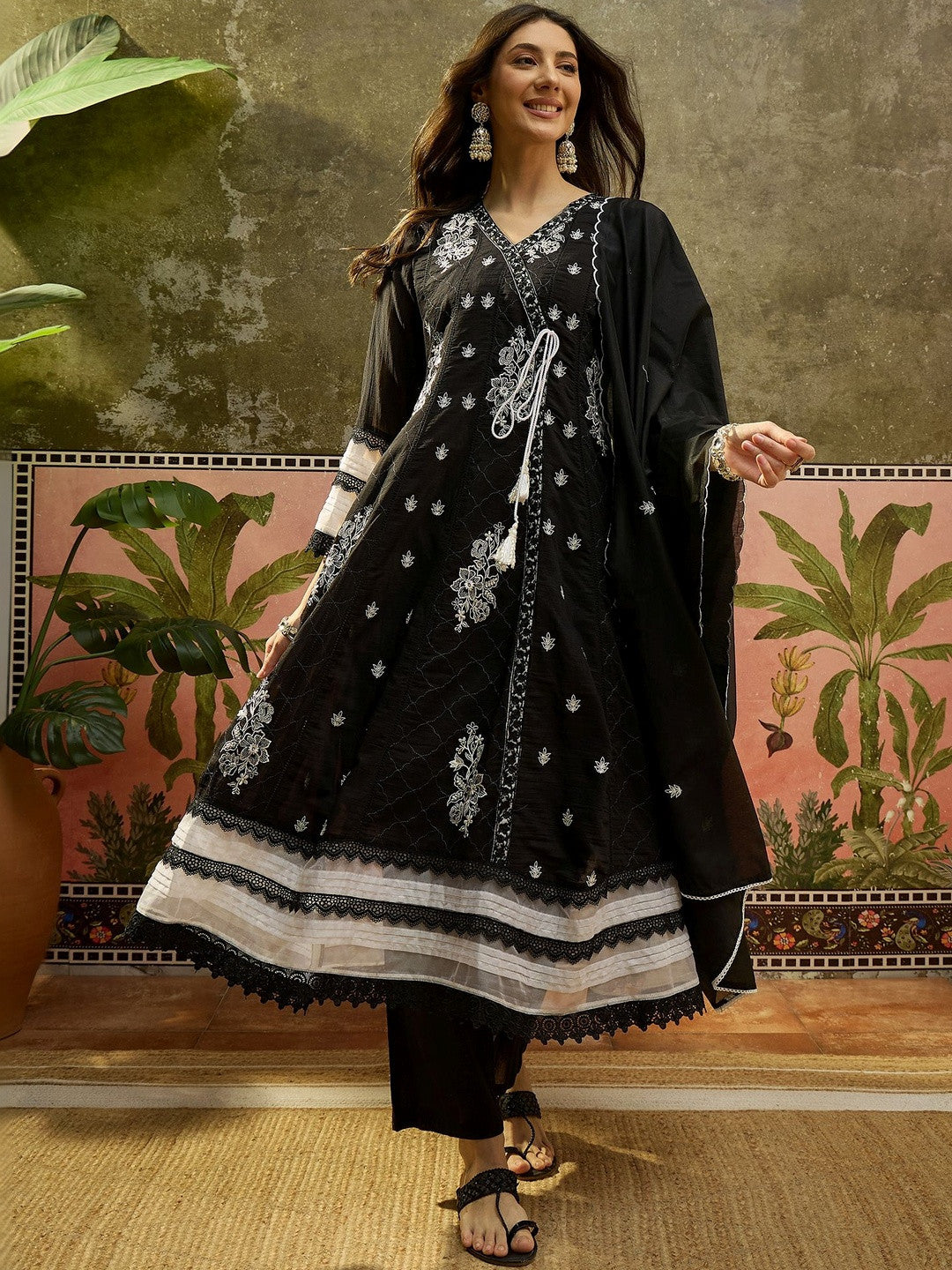 Embroidered Pure Cotton V-Neck Kurti & Trousers