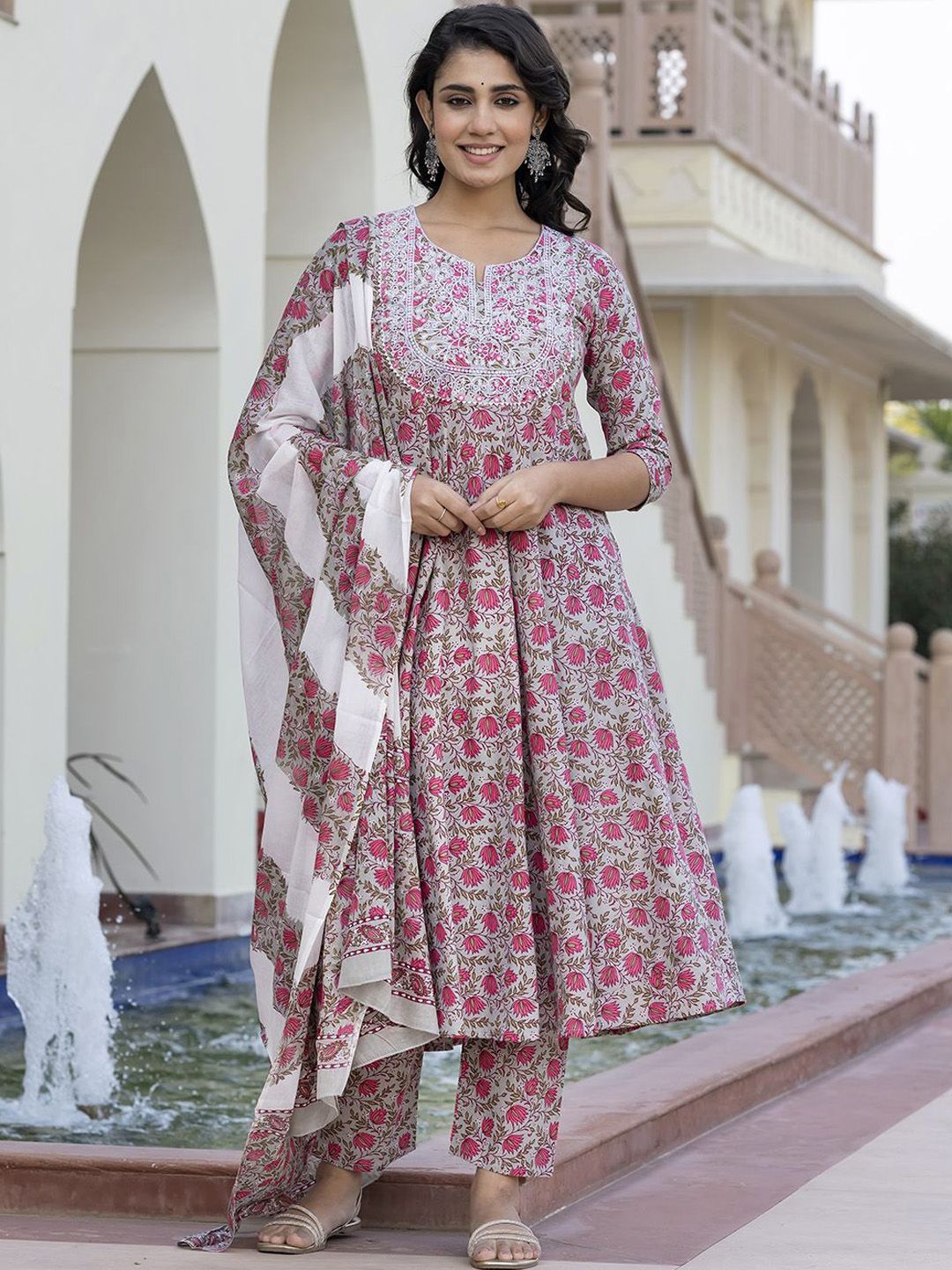 Dhiyona KL Floral Printed Mirror Work Anarkali Pure Cotton Kurta With Trousers & Dupatta