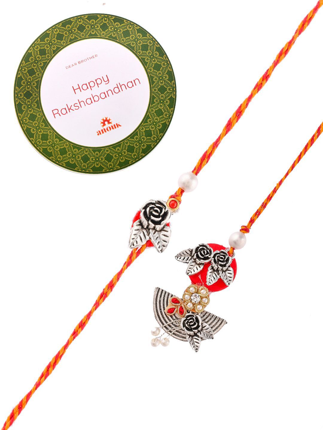 Dhiyona Silver-Toned Beaded Bhaiya Bhabhi Rakhi With Roli Chawal & Greeting Card