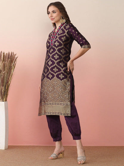 Woven Design Embroidered Banarasi Straight Kurta With Salwar & Dupatta