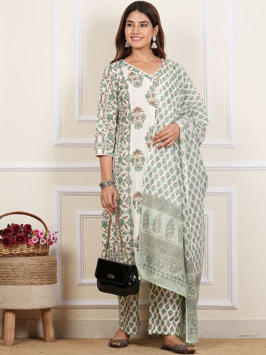Dhiyona KL Floral Printed V-Neck Pure Cotton Straight Kurta With Trousers & Dupatta