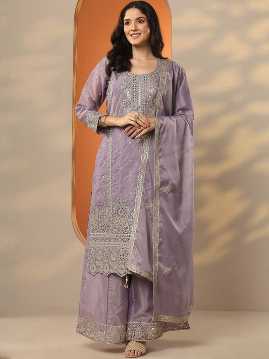 Dhiyona LL Ethnic Motifs Embroidered Regular Mirror Work Kurta With Palazzo & Dupatta