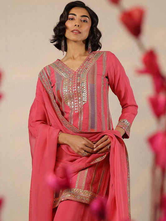 Dhiyona LL Women Ethnic Motifs Embroidered Sequinned Organza Kurta with Palazzos & Dupatta