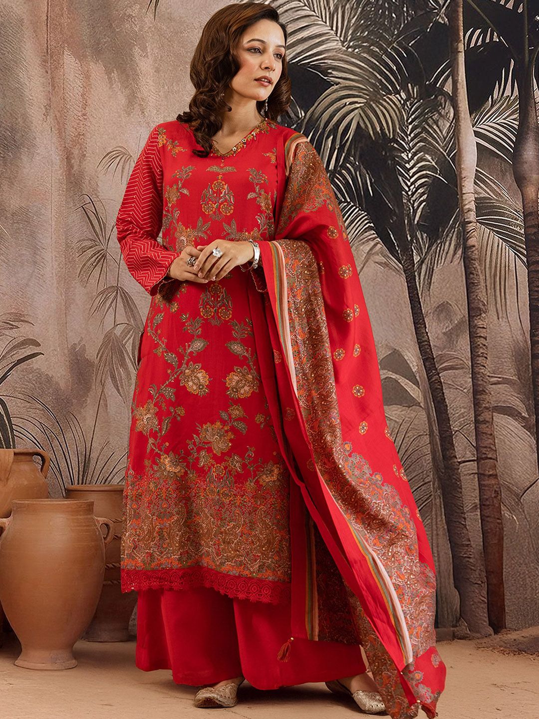 Dhiyona SN Floral Printed V Neck Straight Kurta & Palazzo With Dupatta