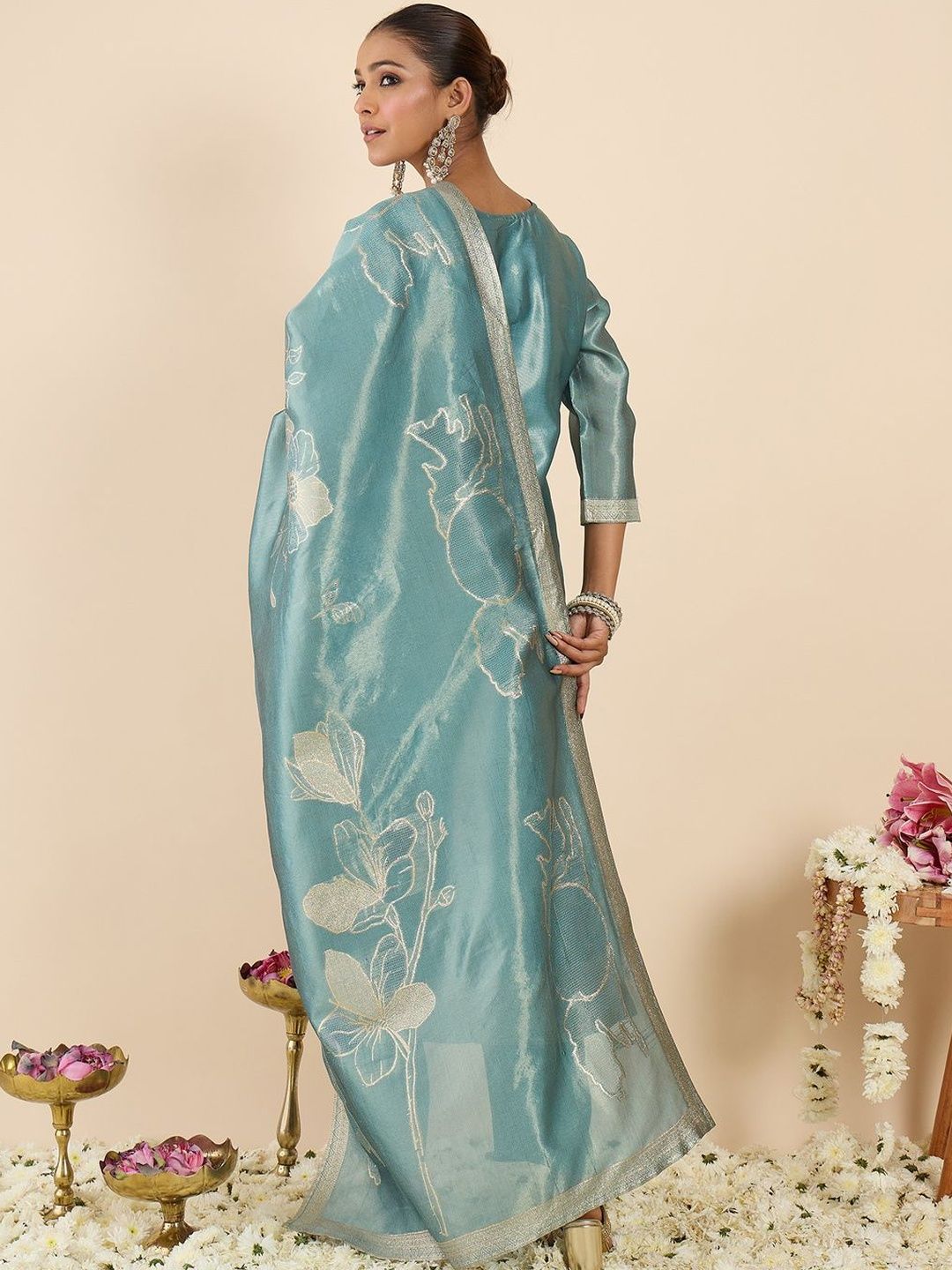 Floral Printed Thread Work Pure Cotton Kurta With Palazzos & Dupatta