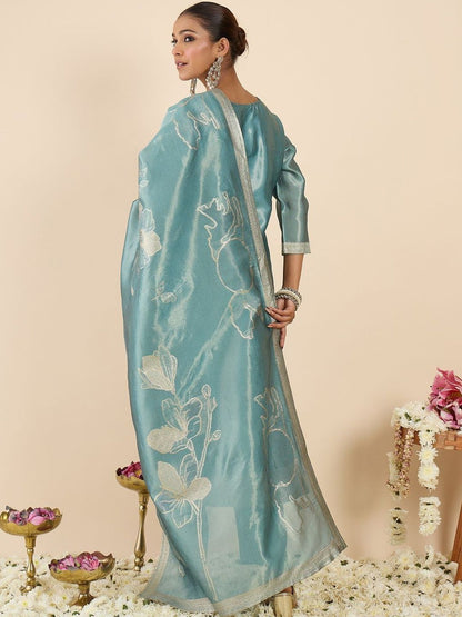 Floral Printed Thread Work Pure Cotton Kurta With Palazzos & Dupatta