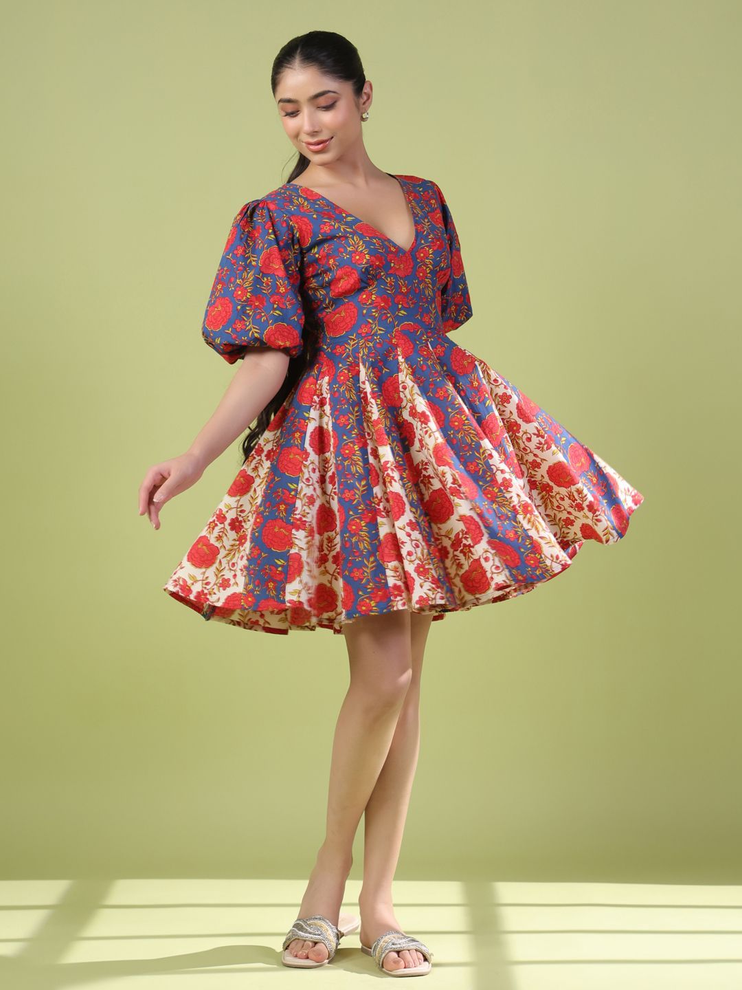 Dhiyona AY Women's Floral Print Puff Sleeve Fit & Flare Dress