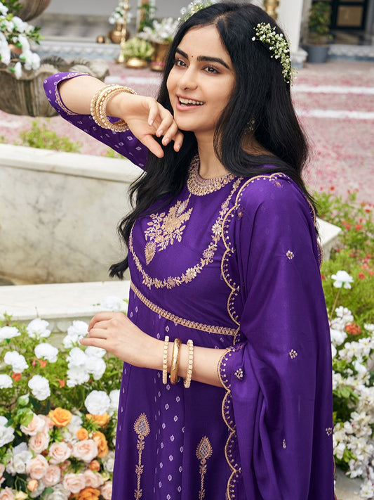 Dhiyona CH Embroidered Round Neck Chinon Thread Work Anarkali Kurta With Palazzos & Dupatta