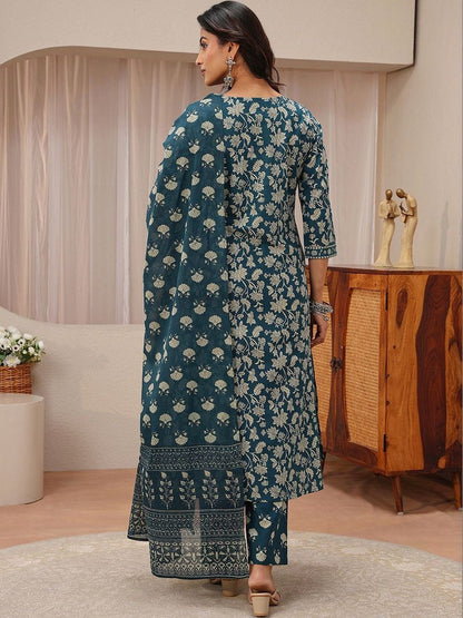 Blue Floral Printed Cotton Straight Suit Set