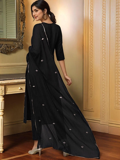 Dhiyona KL Women Black Rayon Blend Embroidered Straight Kurta Suit With Dupatta