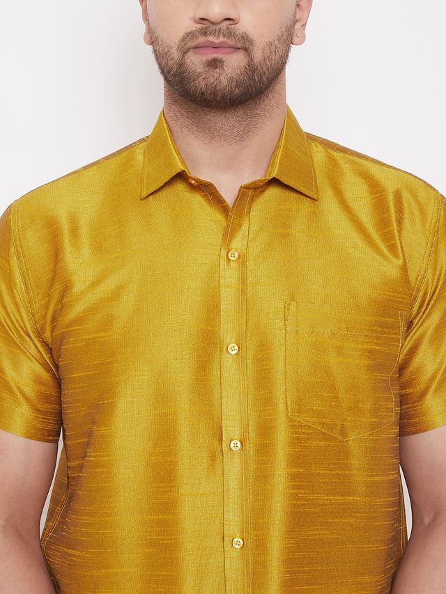 Men's Mustard Silk Blend Straight Ethnic Shirt