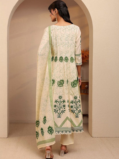 Cream Floral Printed Cotton Anarkali Suit Set