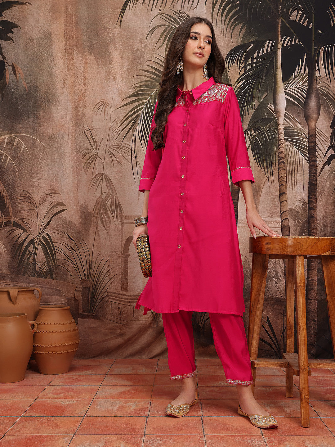 Yoke Design Sequinned Shirt Collar Kurta with Trouser