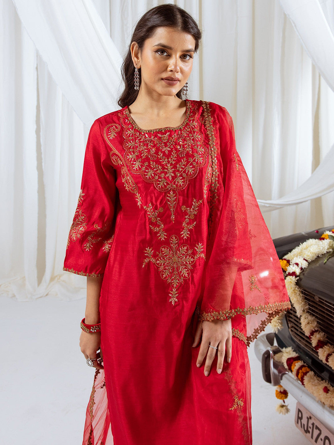 Floral Embroidered Sequinned Straight Kurta With Trousers & Dupatta