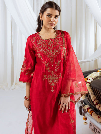 Floral Embroidered Sequinned Straight Kurta With Trousers & Dupatta