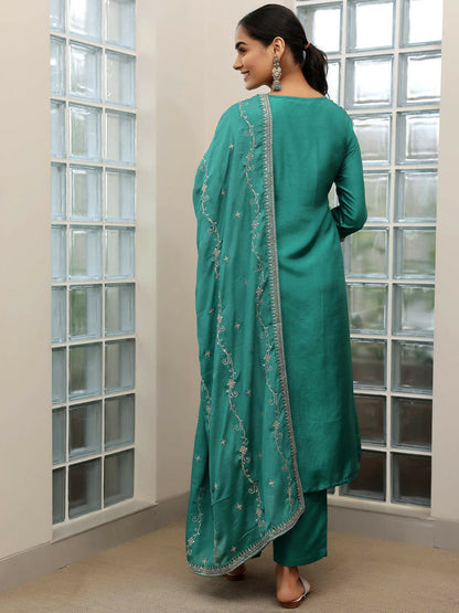 Women's LB Turquoise Woven Design Silk Blend Straight Suit With Dupatta