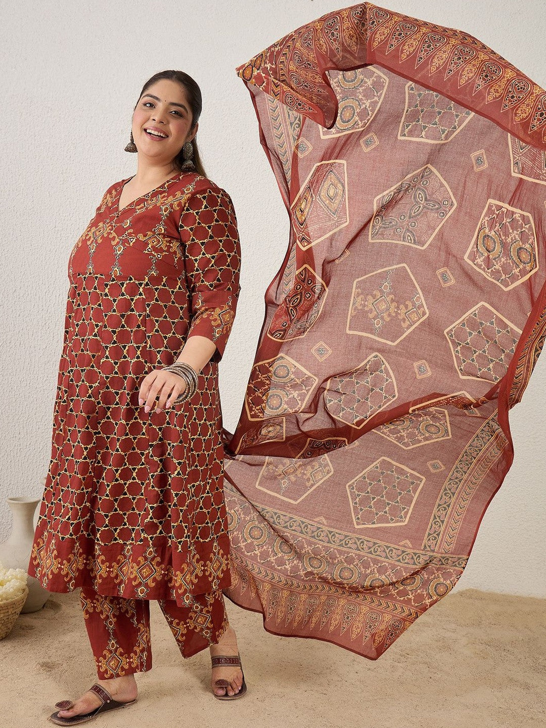 Plus Size Maroon Printed A-Line Kurta Trousers With Dupatta Set