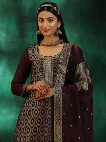 Women's LB Wine Woven Design Silk Blend Straight Suit With Dupatta