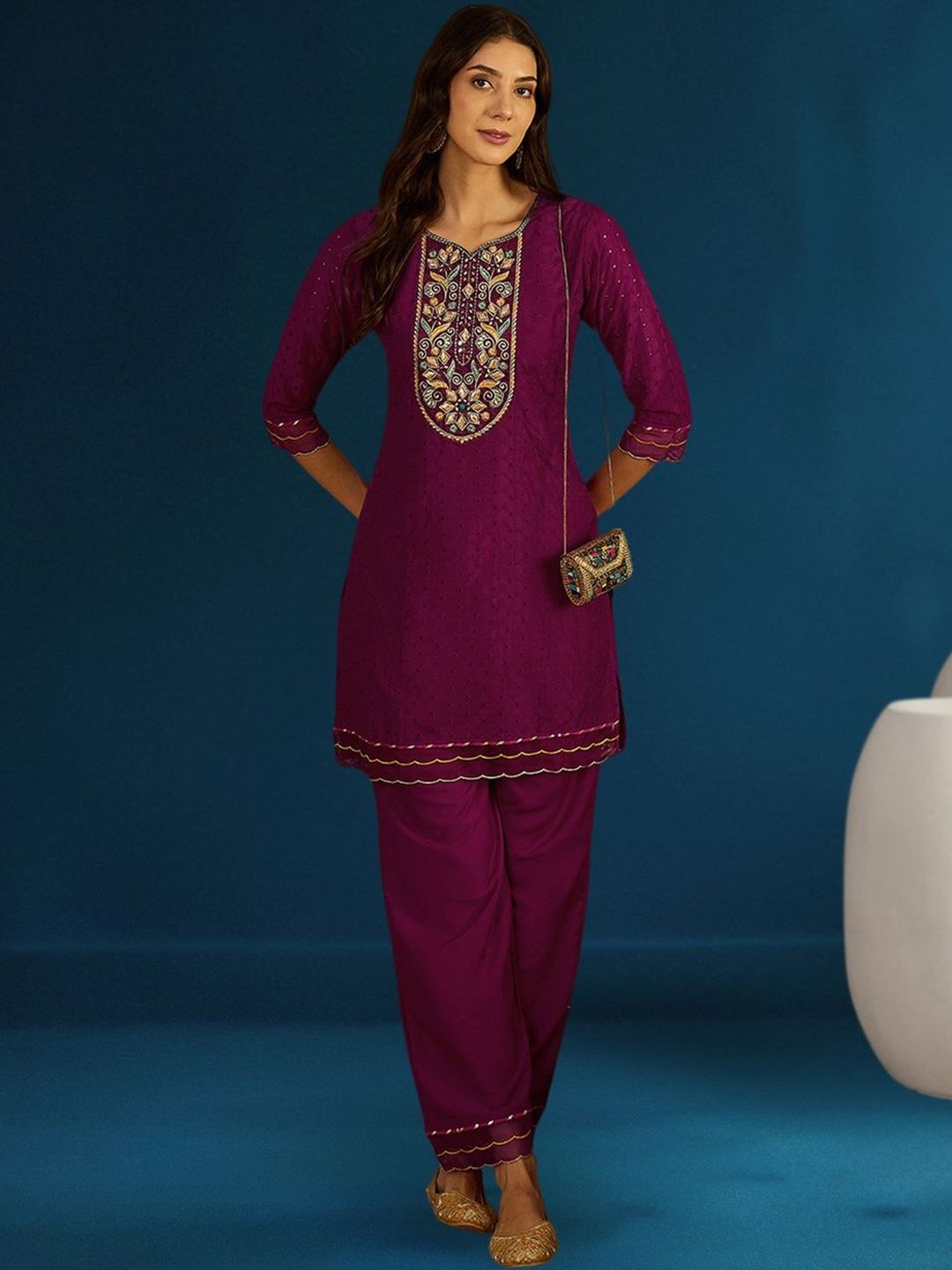 Dhiyona CH Women Ethnic Motifs Embroidered Regular Thread Work Kurta with Patiala