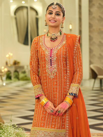 Dhiyona IE Ethnic Motifs Embroidered Sequinned Straight Kurta & Sharara With Dupatta