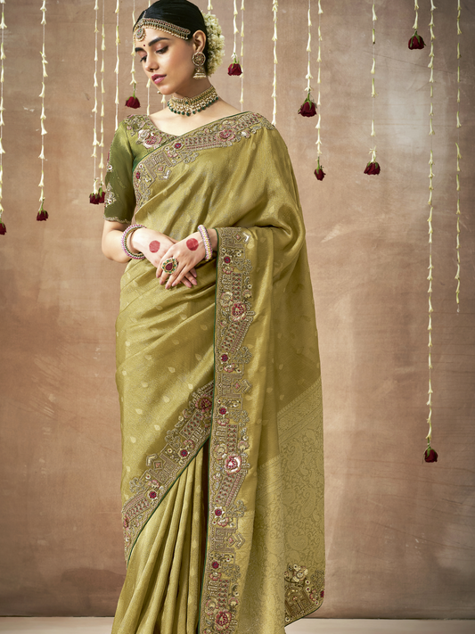 Dhiyona KM Women Olive Green Tissue Dola Silk Saree