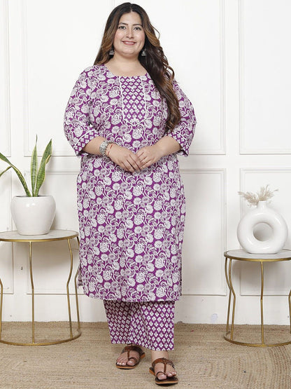 Dhiyona KL Floral Printed Pure Cotton Straight Kurta With Trouser And Dupatta
