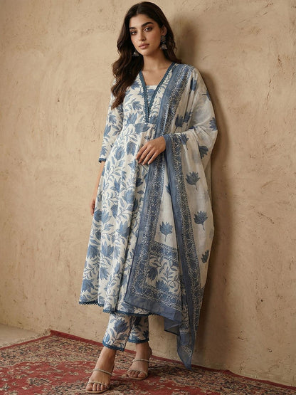 Printed V-Neck Kurta & Trousers With Dupatta