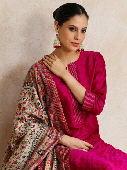 Pink Women Pink Zari Work textured Kurta with Trouser and Printed Dupatta