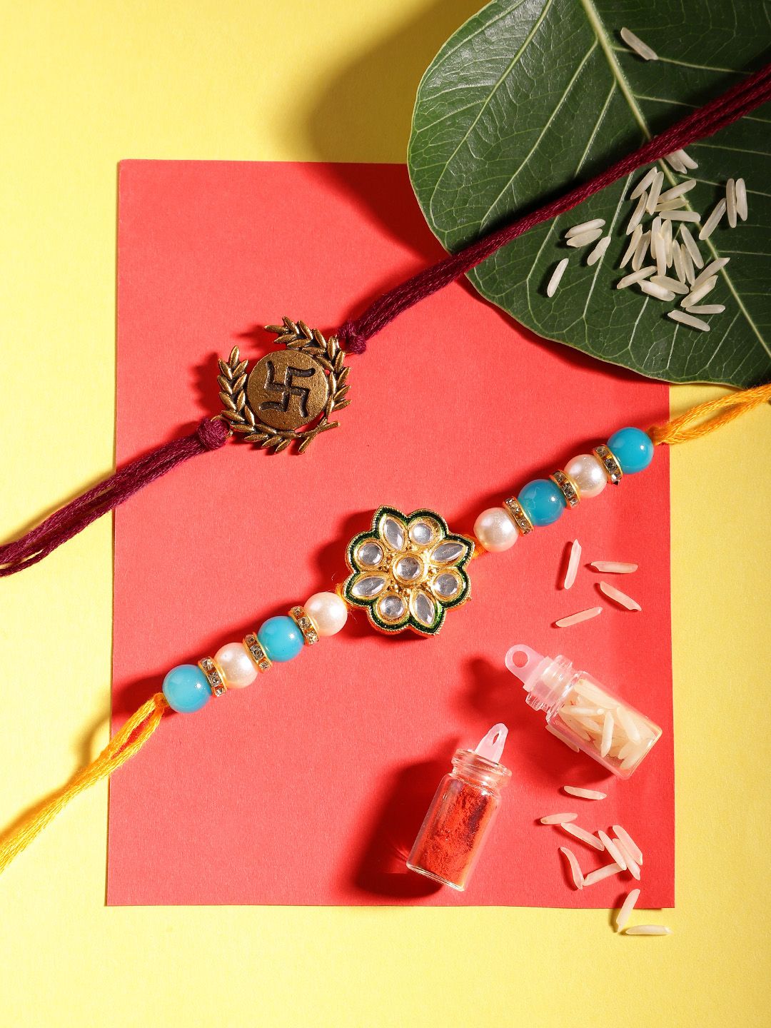 Dhiyona Unisex Set of 2 Beaded Bhai Bhabhi Rakhis With Roli & Chawal