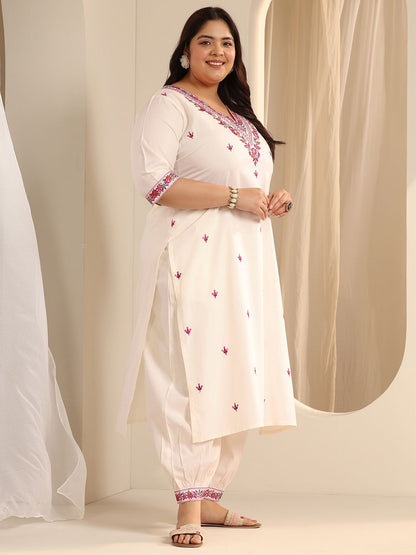 Dhiyona Women's Plus Size Floral Printed Thread Work Kurta With Salwar & Dupatta