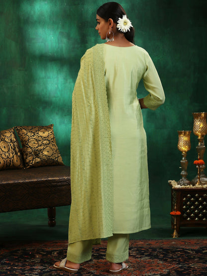 Women's LB Green Embroidered Silk Blend Straight Suit With Dupatta