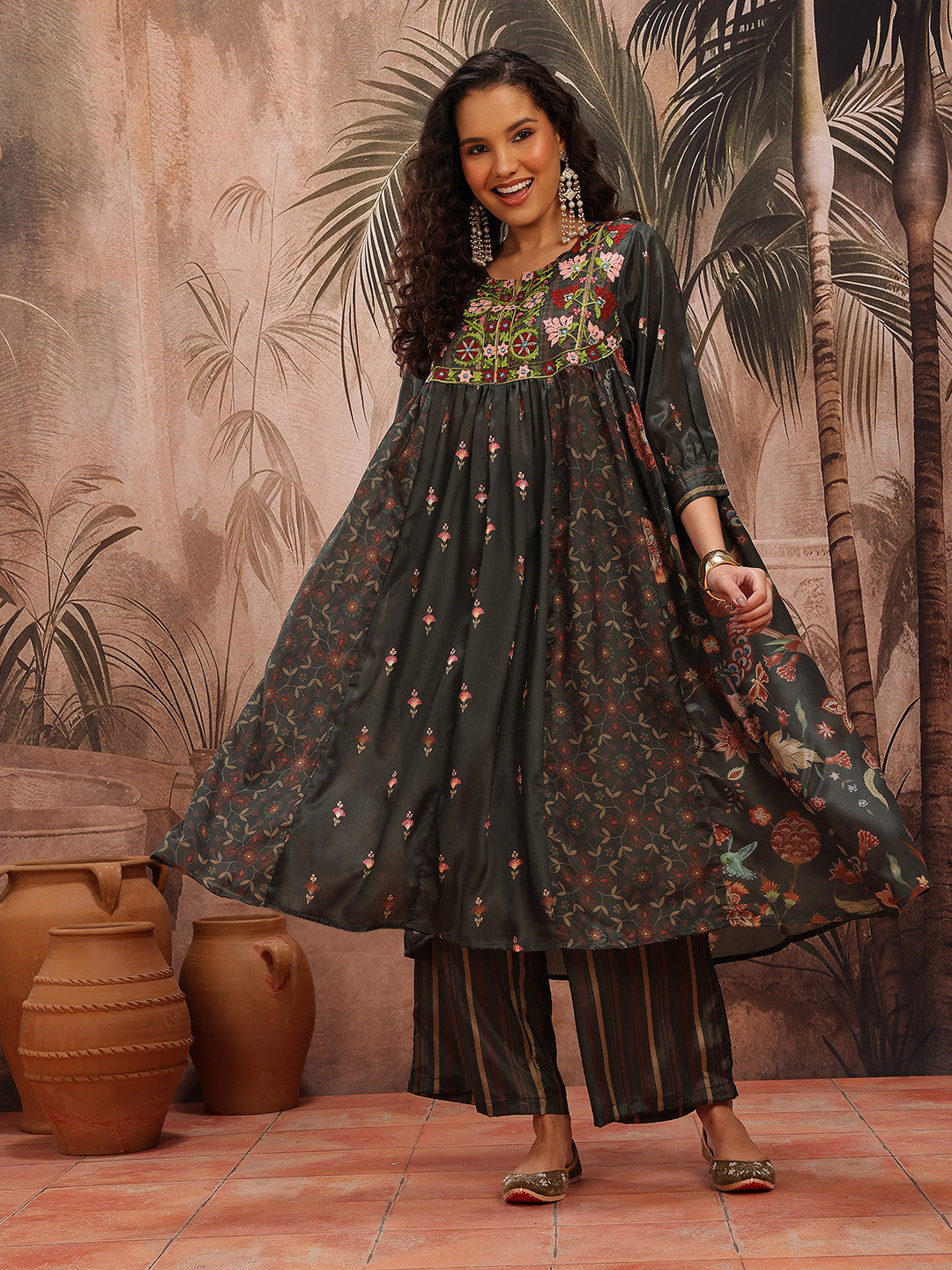 Ethnic Motifs Printed Thread Work Empire A-Line Kurta with Palazzos