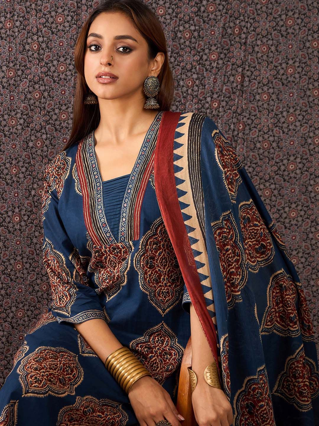Dhiyona IE Women Ajrakh Printed Straight Kurta Trousers With Dupatta Set