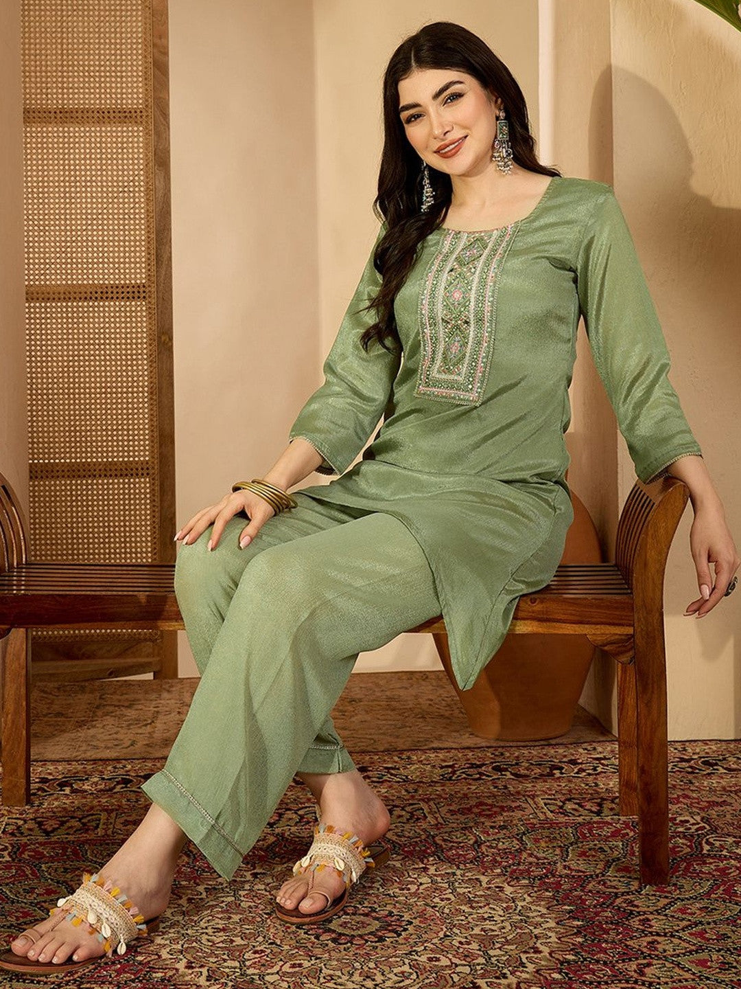 Dhiyona SN Ethnic Motifs Embroidered Mirror Work Kurta with Palazzos