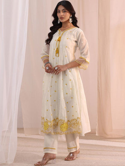 White Floral Embroidered Silk Blend A-Line Suit Set