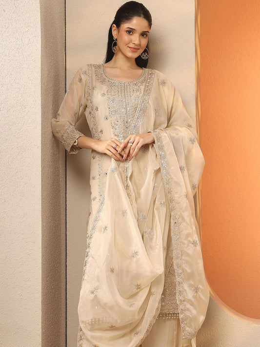 Dhiyona LL Ethnic Motifs Embroidered Mirror Work Kurta With Palazzos & Dupatta