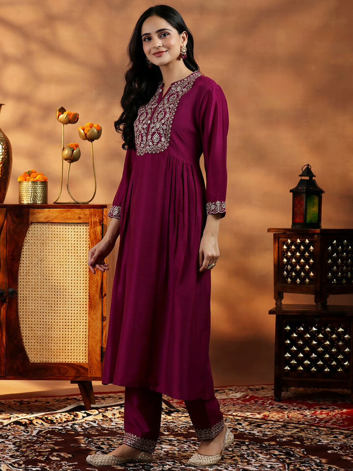 Women's LB Maroon Yoke Design Silk Blend A-Line Kurta With Palazzos & Dupatta