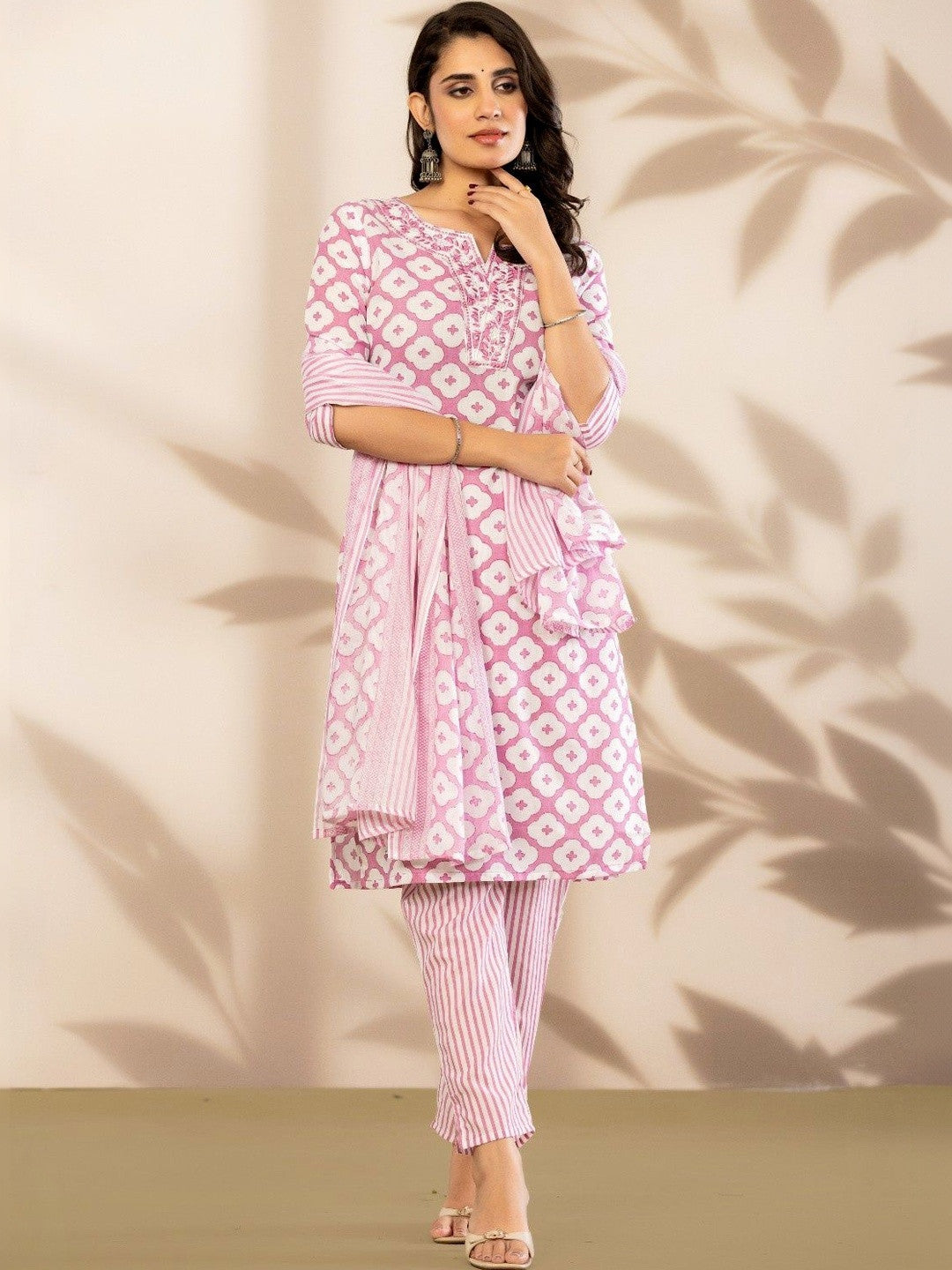 Women Ethnic Motifs Printed Regular Thread Work Pure Cotton Kurta with Trousers & With Dupatta