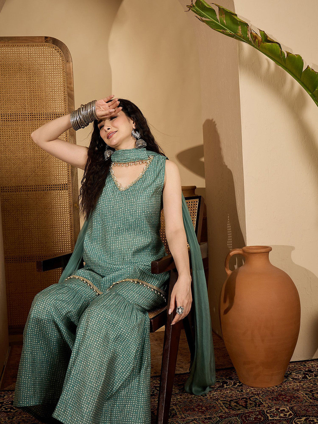 Women BandheJ Printed Asymmetric Short Kurti With Sharara & Dupatta