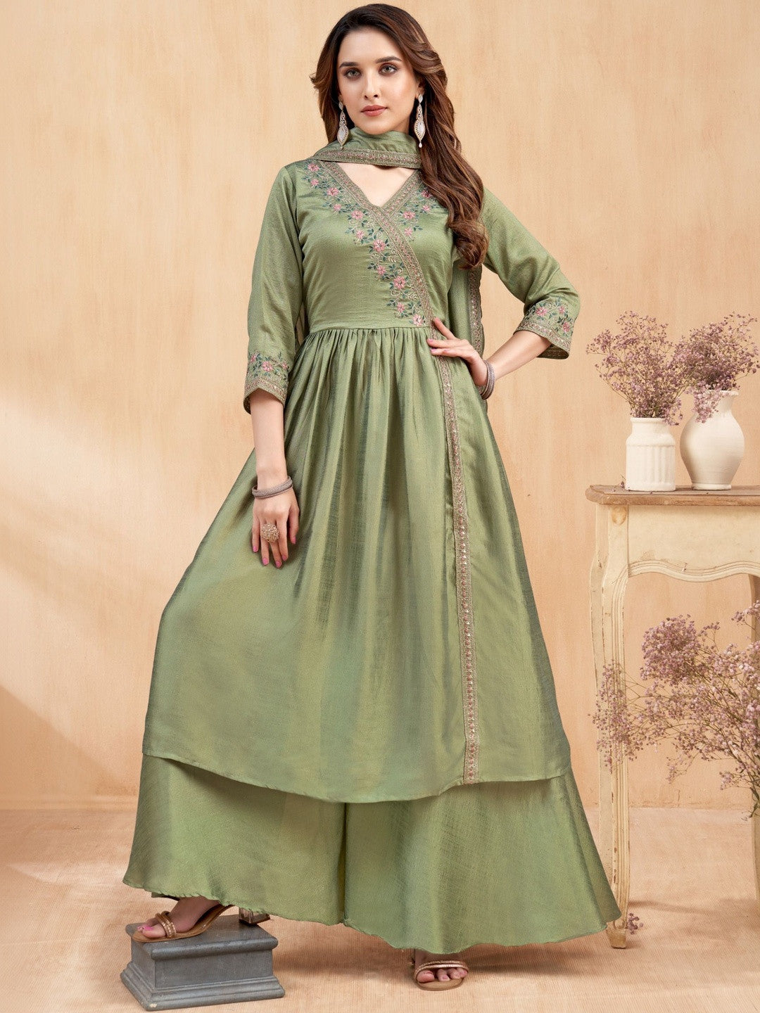 Embroidered Round Neck Kurta & Palazzos With Dupatta