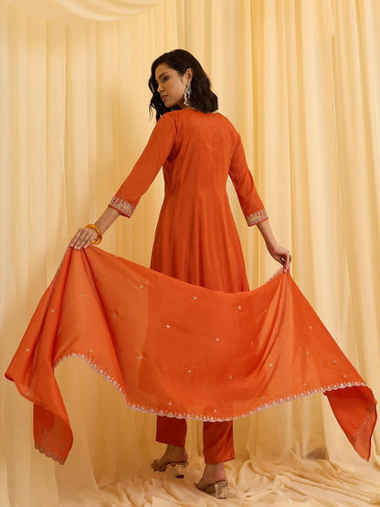 Dhiyona CH Ethnic Motifs Yoke Design Pleated Sequinned A-Line Kurta With Trousers & Dupatta