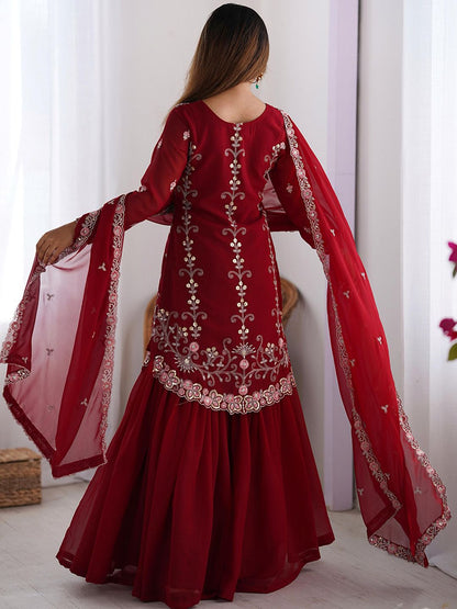 Dhiyona KL Ethnic Motifs Embroidered Sequinned Straight Kurta With Sharara And Dupatta