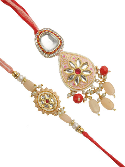 Dhiyona Red Stone Studded & Beaded Bhaiya Bhabhi Thread Rakhis With Roli Chawal