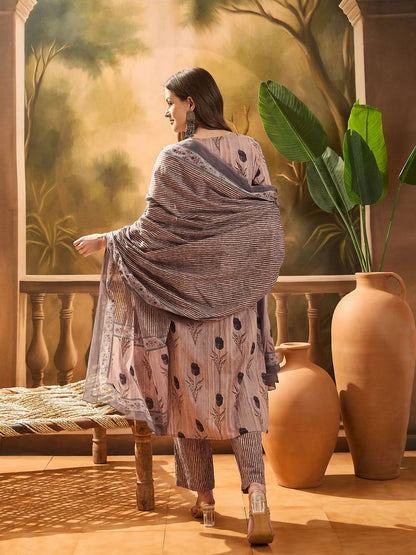 Dhiyona SN Women's Women's Grey Floral Printed Cotton Blend Straight Kurta Pant Dupatta Set