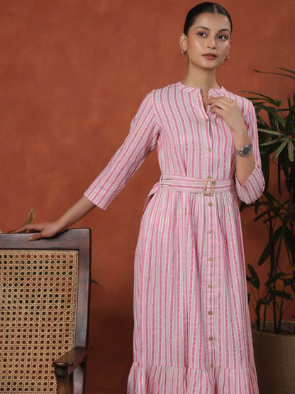 Dhiyona AY Women's Striped Jacquard Mandarin Collar Maxi Dress With Belt