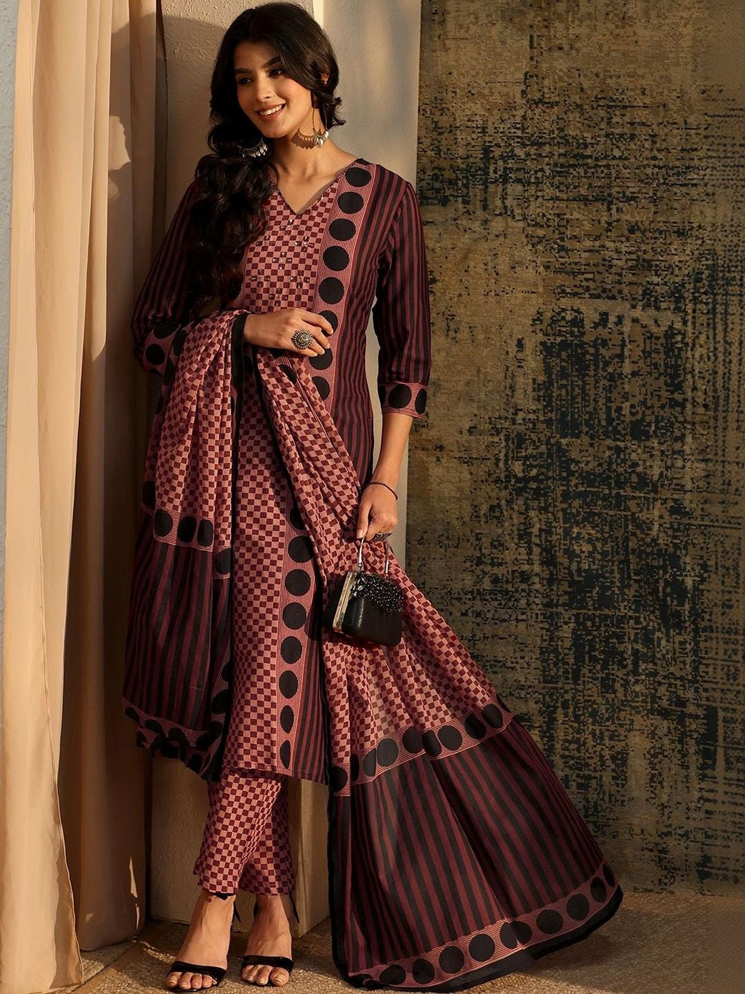 Brown Geometric Printed Cotton Straight Suit Set