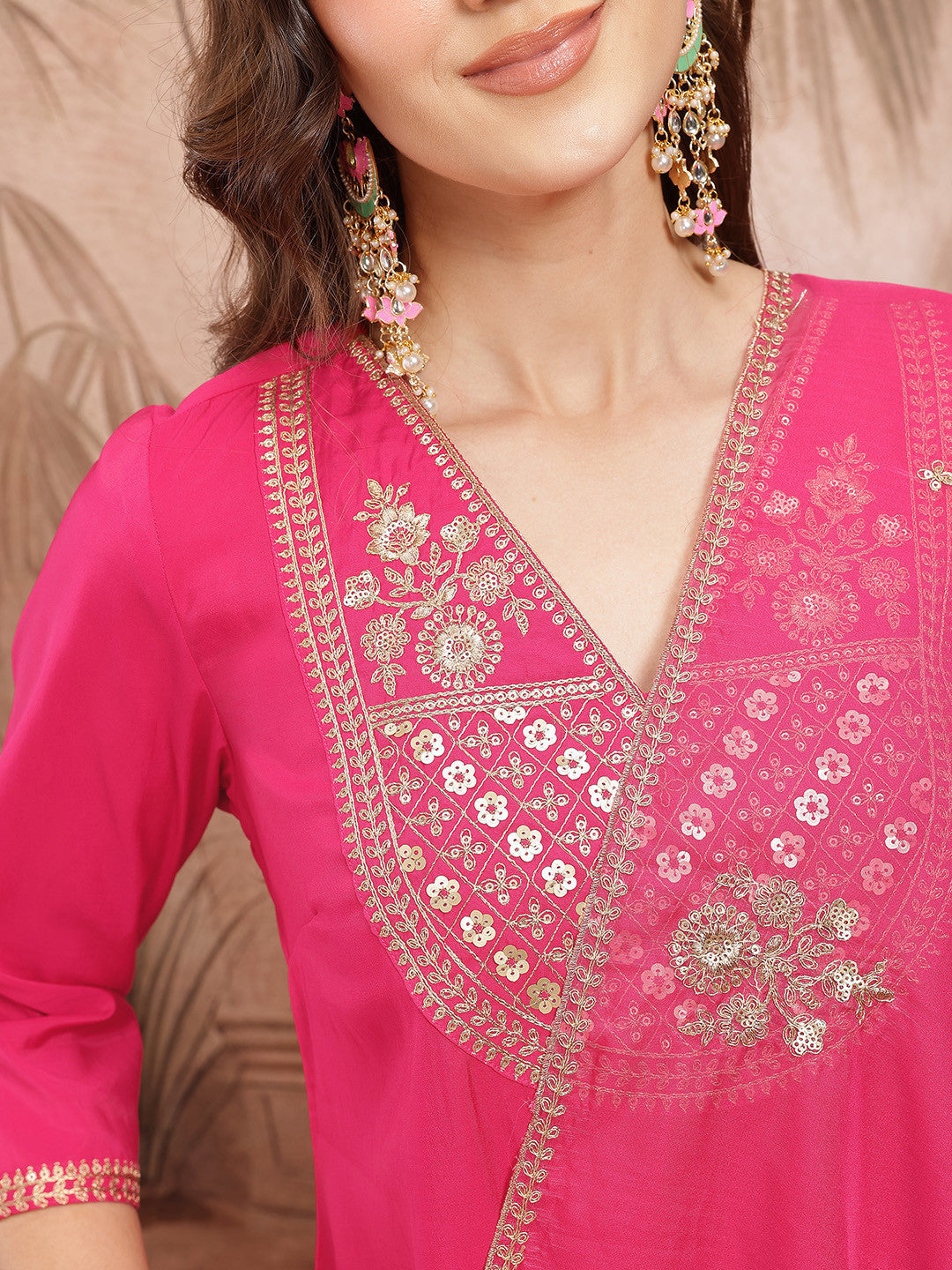 Ethnic Motifs Embroidered Sequinned V-Neck A-Line Kurta with Trousers & Dupatta